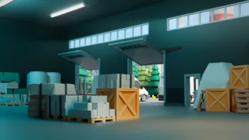 3D low poly warehouse loading dock interior with wooden crates, cargo containers and delivery truck in atmospheric lighting