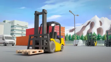 3D low poly yellow forklift with wooden pallet in container shipping yard with mountains and industrial buildings background
