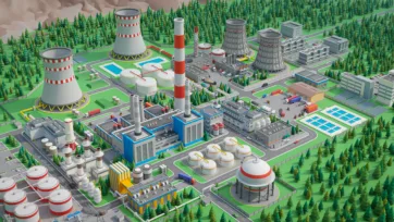 3D low poly massive industrial complex with nuclear cooling towers, processing plants, storage facilities and solar panels in comprehensive isometric view