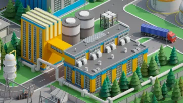 3D low poly manufacturing plant with distinctive yellow building, storage silos, ventilation systems and container truck
