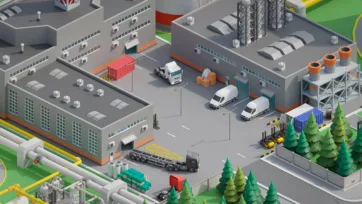 3D low poly heavy industry logistics center with delivery trucks, containers, processing facilities and transportation infrastructure