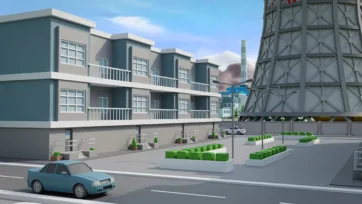 3D low poly industrial district housing with apartment balconies and manufacturing infrastructure in background
