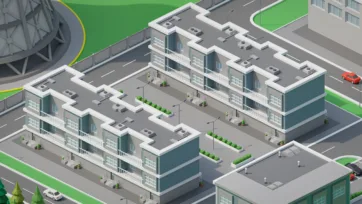 3D low poly factory worker residential housing complex with multiple apartment buildings and courtyards in isometric view