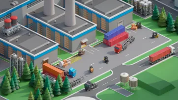 3D low poly industrial shipping complex with container trucks, forklifts, warehouse buildings and freight operations