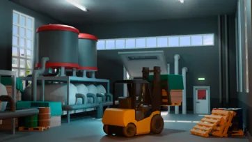 3D low poly factory warehouse interior with orange forklift, storage equipment and industrial machinery in atmospheric lighting