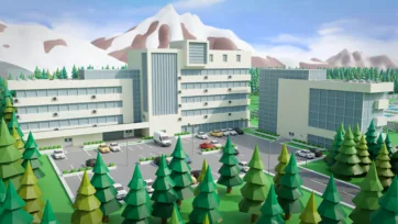 3D low poly corporate headquarters building with parking area surrounded by trees and mountains in background