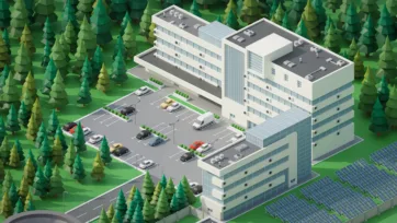 3D low poly modern office building complex with solar panels, parking lot and forest surroundings in isometric perspective