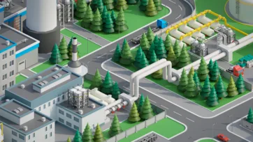 3D low poly industrial pipeline infrastructure with yellow pipes, processing buildings and forest environment in isometric view