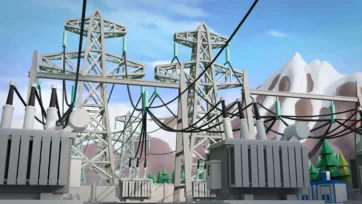 3D low poly electrical power transmission station with high voltage equipment, transformers and mountain backdrop