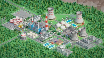3D low poly comprehensive industrial estate with multiple nuclear reactors, processing plants, storage facilities and forest surroundings