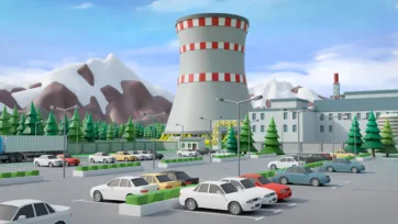 3D low poly nuclear power plant exterior view with cooling tower, employee parking lot, cars and mountainous landscape background