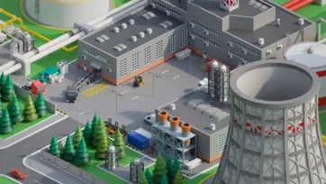 3D low poly heavy industrial complex with cooling tower, processing buildings, storage tanks and manufacturing facilities