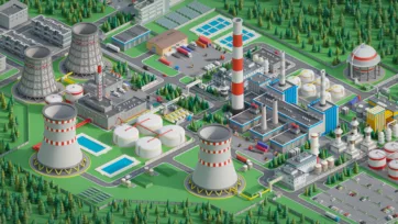 3D low poly nuclear power station showing reactor buildings, cooling towers, solar panels and complete industrial infrastructure