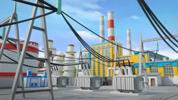 3D low poly electrical substation with power transmission towers, transformers and industrial buildings in background