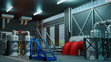 3D low poly factory interior with industrial machinery, pipes, equipment and processing units in atmospheric lighting