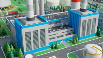 3D low poly manufacturing plant close-up view showing industrial building with smokestacks, cooling towers and factory infrastructure
