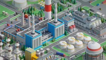 3D low poly power generation facility with industrial buildings, cooling systems, storage silos and transportation infrastructure from aerial perspective