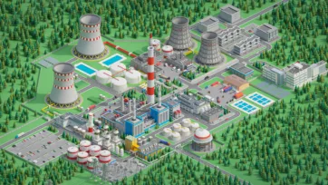 low poly industrial factory complex with nuclear power plant cooling towers, smokestacks, storage tanks and manufacturing buildings in isometric view