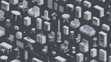 Detailed wireframe view of 3D furniture models displaying clean low-poly topology and efficient mesh construction for game development