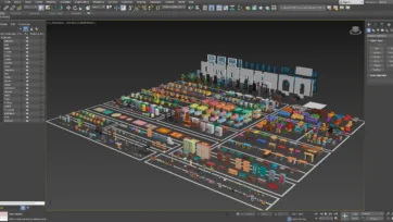 3ds Max software interface featuring complete furniture asset collection with object hierarchy and material properties panel visible