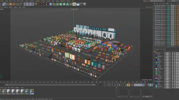 Cinema 4D software interface showcasing low-poly furniture pack with layer management panel and colorful 3D furniture models in viewport