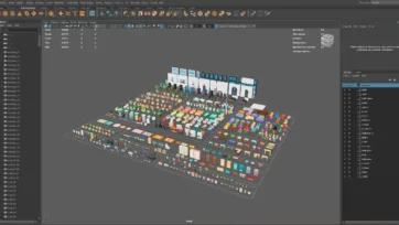 Maya 3D software interface displaying comprehensive furniture collection with organized hierarchy panel showing chairs, tables, appliances and decorative items