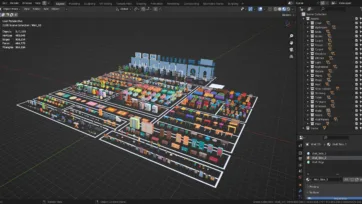 Blender 3D software interface showing complete Furniture Cute pack with hundreds of low-poly furniture models organized in grid layout with asset browser panel