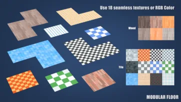 3D low-poly modular floor tiles featuring wood and tile textures with seamless patterns for architectural visualization