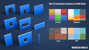 3D low-poly modular wall panels with customizable textures including gradients, wallpapers, brick patterns and vertical lines for interior design
