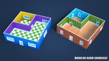 3D low-poly modular room interiors showcasing colorful walls, textured floors and windows in isometric view