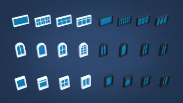 3D low-poly window collection featuring rectangular, arched and square designs in white and dark frames with blue glass