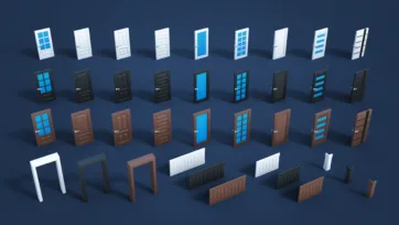 Collection of 3D low-poly doors and windows in white, black and brown finishes with various panel designs and glass sections