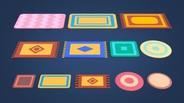 3D low-poly carpet and rug collection featuring geometric patterns, solid colors and decorative floor coverings in rectangular and circular shapes