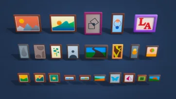 3D low-poly framed artwork and picture collection featuring landscapes, abstract art and decorative wall frames in various sizes
