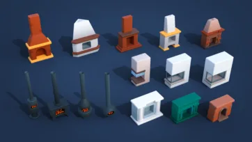 3D low-poly fireplace and heating equipment collection featuring various fireplace designs, chimneys and wood-burning stoves