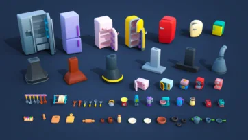 3D low-poly kitchen appliances and accessories including refrigerators, range hoods, utensils, cookware and small kitchen appliances