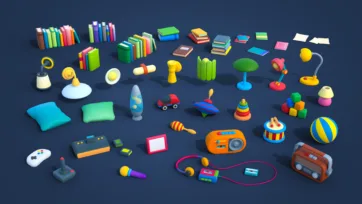 3D low-poly books, toys and decorative items collection including bookshelves, lamps, pillows, games and entertainment accessories