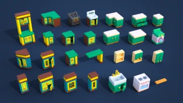 3D low-poly kitchen appliances and furniture including ovens, refrigerators, cabinets, dishwashers and cooking equipment in bright colors