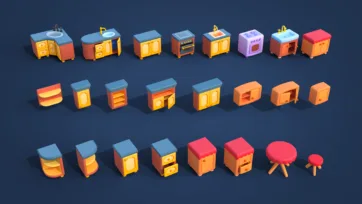 3D low-poly kitchen furniture set featuring countertops, cabinets, islands, appliances and storage units in colorful cartoon style