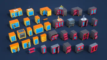 3D low-poly kitchen appliances and cabinets collection including stoves, refrigerators, sinks, dishwashers and modular kitchen units