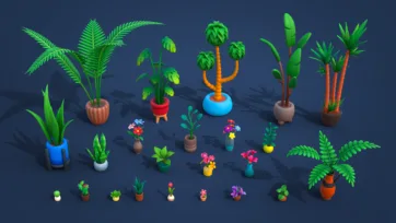3D low-poly indoor plants and flowers collection featuring palms, ferns, potted plants, flowers and decorative greenery for interior design