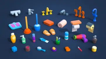 3D low-poly bathroom accessories and toiletries including faucets, towels, soap dispensers, toilet paper holders and hygiene products
