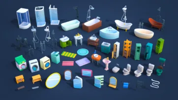 3D low-poly bathroom furniture and fixtures including bathtubs, showers, toilets, sinks, washing machines and bathroom accessories