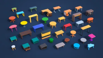3D low-poly table collection featuring dining tables, coffee tables, desks, benches and side tables in various shapes and colors