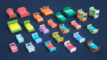 3D low-poly bed collection including single beds, double beds, bunk beds, cribs and children's beds with colorful bedding and frames
