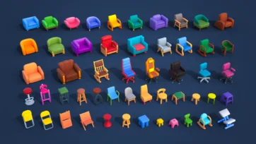 3D low-poly chair collection featuring armchairs, office chairs, dining chairs, bar stools and children's furniture in various colors and styles