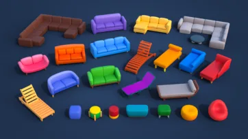 3D low-poly sofa and seating furniture collection including sectionals, couches, lounge chairs, ottomans and bean bags in bright colors