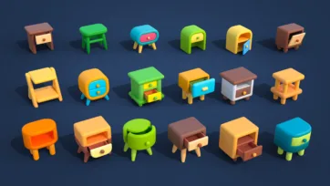 3D low-poly bedside tables and nightstands collection in multiple colors featuring drawers, compartments and cute cartoon styling