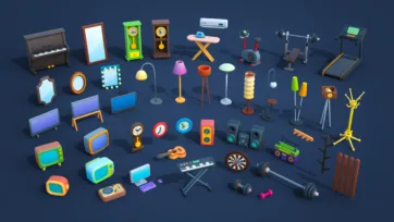 3D low-poly home entertainment and fitness equipment including piano, mirrors, clocks, lamps, exercise machines and audio devices