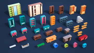 3D low-poly storage furniture collection featuring wardrobes, dressers, shelves, TV stands and cabinets in various colors and styles